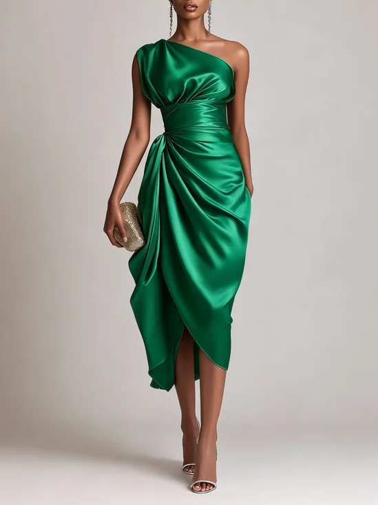 Elegant Plain Ruched One Shoulder Midi Dress