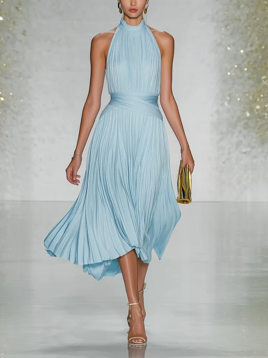 Elegant Plain Ruched Halter Neck Midi Dress