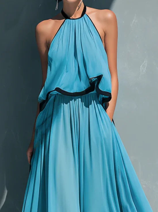 Urban Color Block Halter Neck Blouse