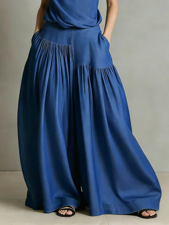 Soft Tencel Denim Plain Loose Ruched Casual Jeans