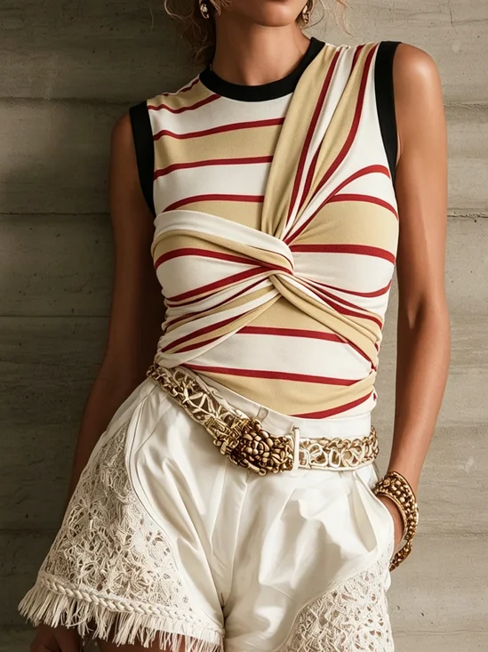 Casual Striped Irregular Craftsmanship Crew Neck Blouse