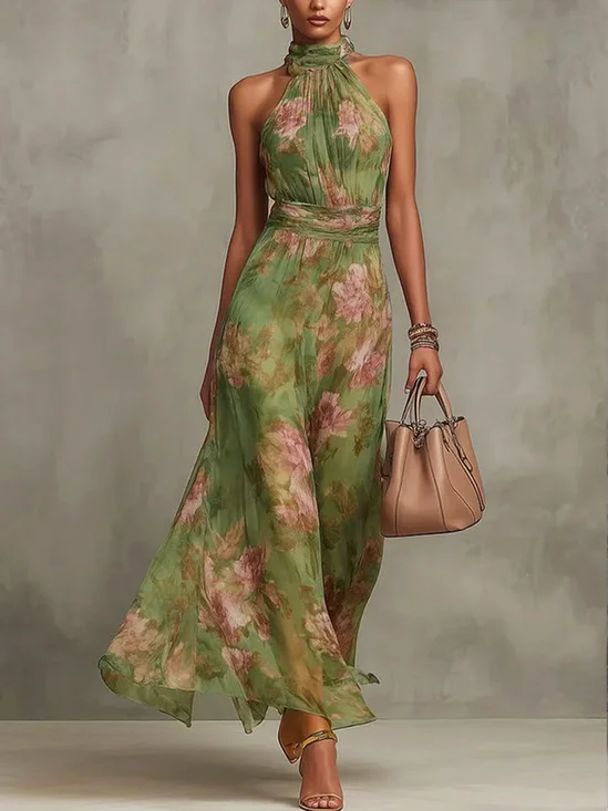 Elegant Floral Printing Halter Maxi Dress
