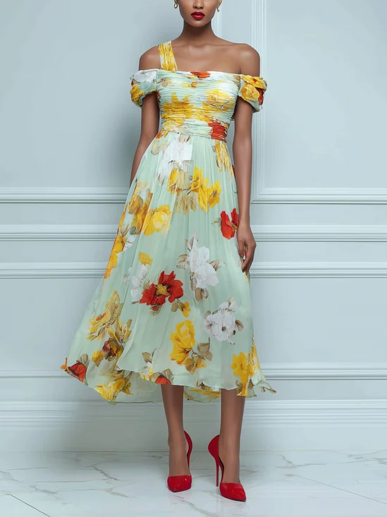 Elegant Floral Ruched One Shoulder Midi Dress