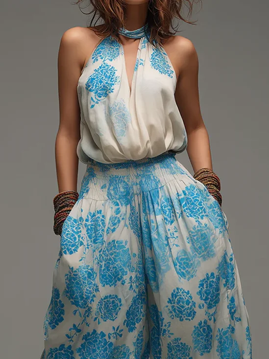 Urban Floral Printing Halter Neck Tank Top
