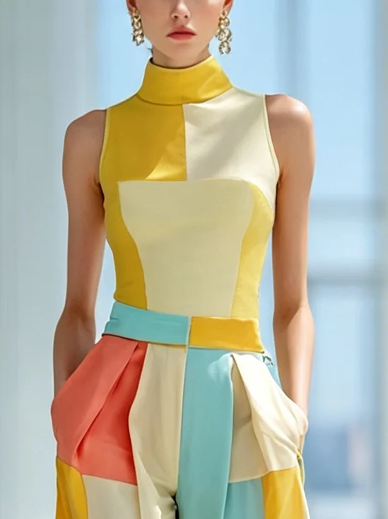 Elegant Colorblock Printing Stand Collar Tank Top
