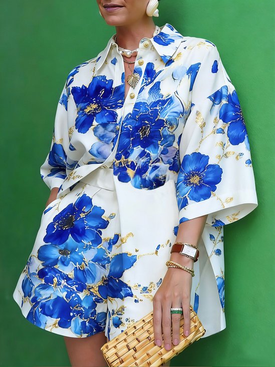Elegant Floral Printing Shirt Collar Shirt