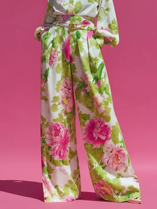 Plus Size Urban Floral Pocket Stitching Wide Leg Pants No Belt