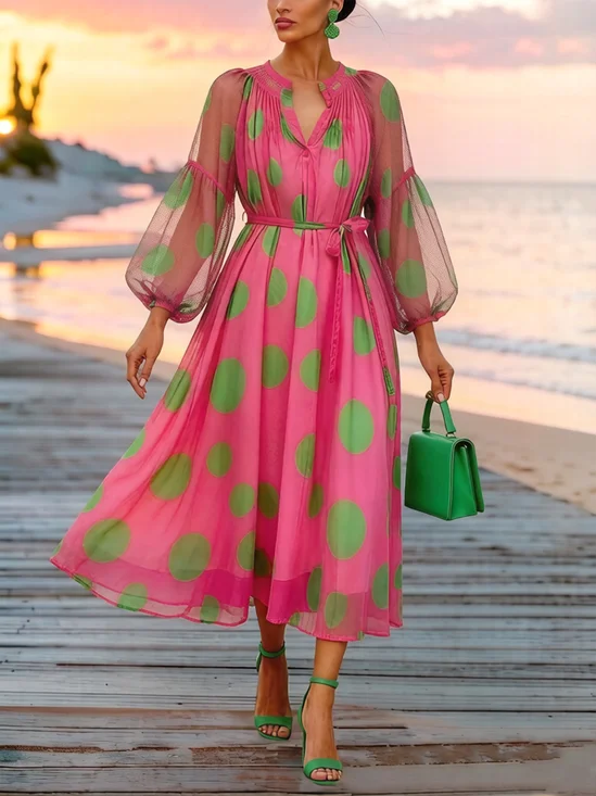 Elegant Polka Dots Printing Midi Dress With Belt