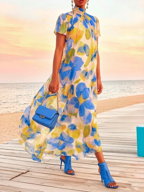 Vacation Floral Printing Mock Neck Maxi Dress