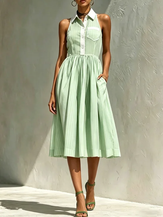 Urban Striped Shirt Collar Midi Dress