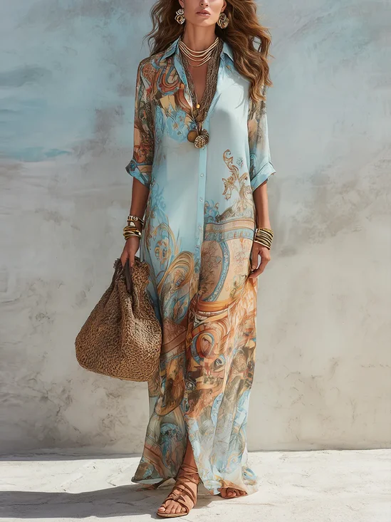 Casual Random Print Printing Shirt Collar Maxi Dress