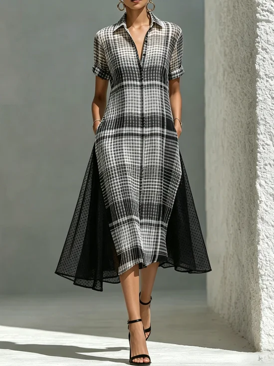 Urban Plaid Shirt Collar Midi Dress