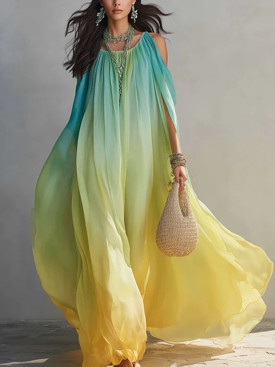 Vacation Gradient Pattern Printing Boat Neck Maxi Dress