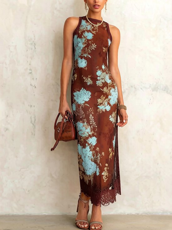 Elegant Floral Printing Crew Neck Midi Dress