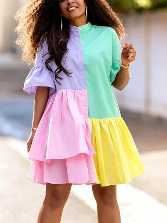 Casual Color Block Ruched Stand Collar Mini Dress