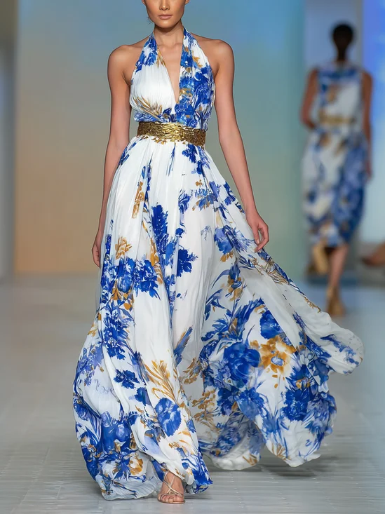 Elegant Floral Printing Halter Neck Maxi Dress With Belt
