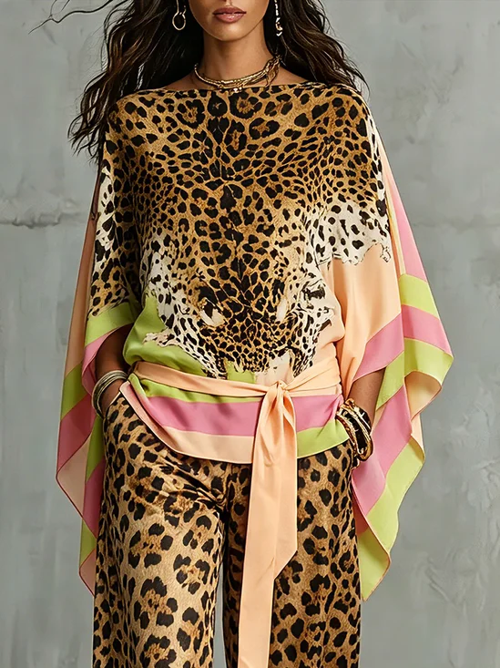 Elegant Leopard Printing Boat Neck Raglan Sleeves Blouse With Belt
