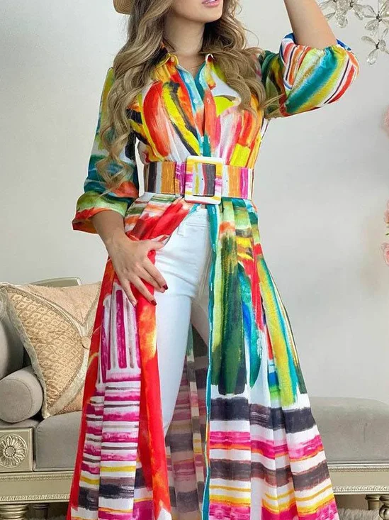 Urban Geometric Printing Shirt Collar Shirt With Belt