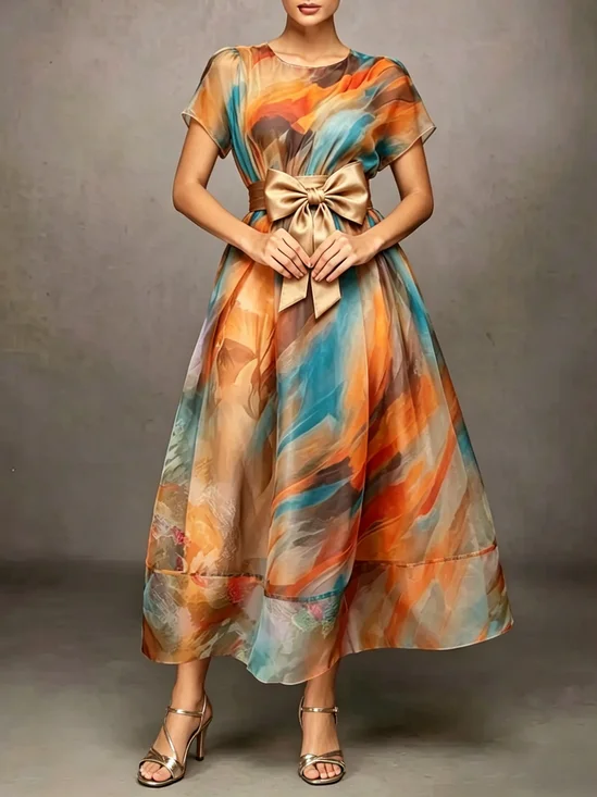 Elegant Random Print Crew Neck Maxi Dress With Belt
