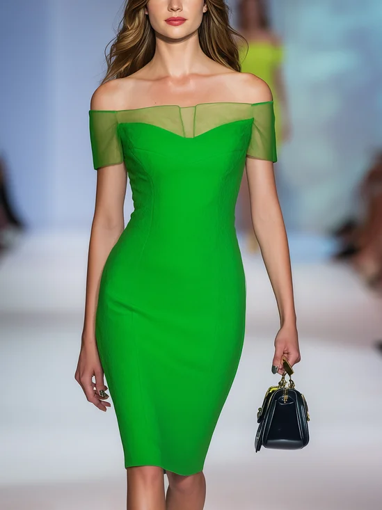 Elegant Plain Split Joint Off The Shoulder Knee Length Dress