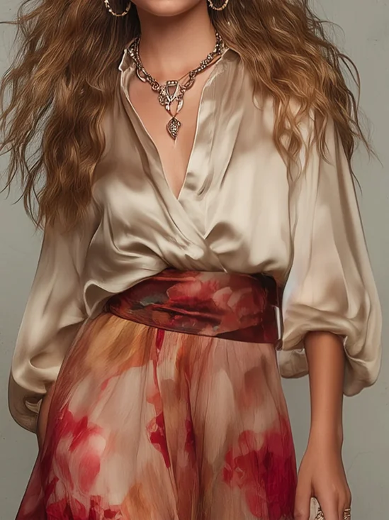 Satin Elegant Plain Shirt Collar Shirt