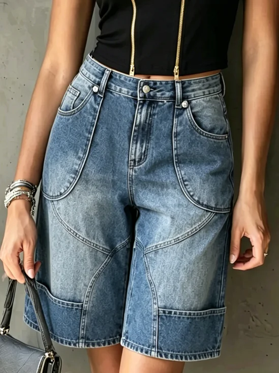 Plain Casual Loose Denim Shorts