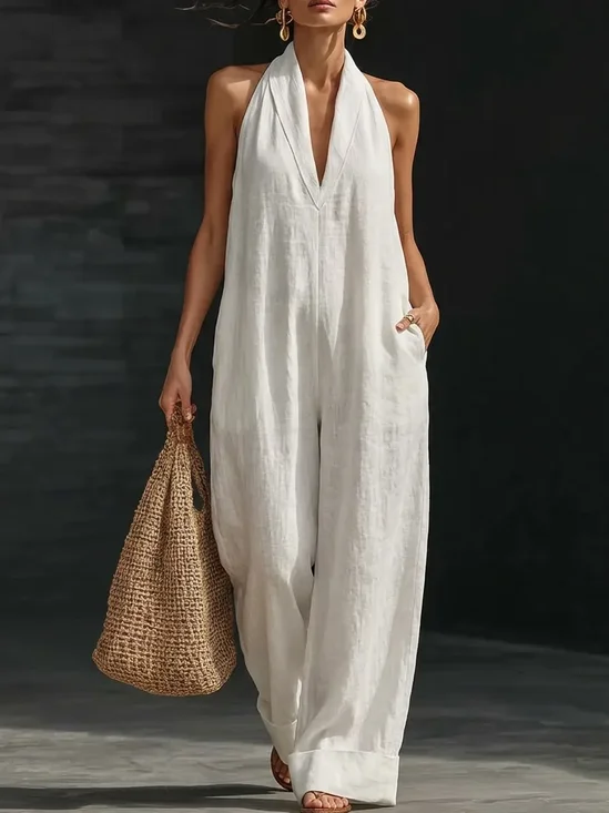 Cotton Casual Plain Halter Neck Tank Jumpsuit