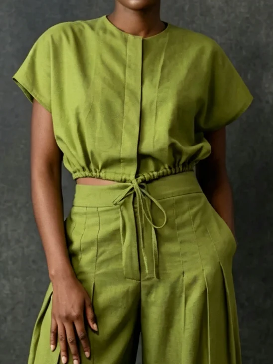 Cotton And Linen Urban Plain Drawstring Crew Neck Blouse