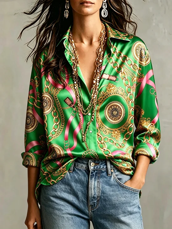 Satin Urban Random Print Printing Shirt Collar Shirt