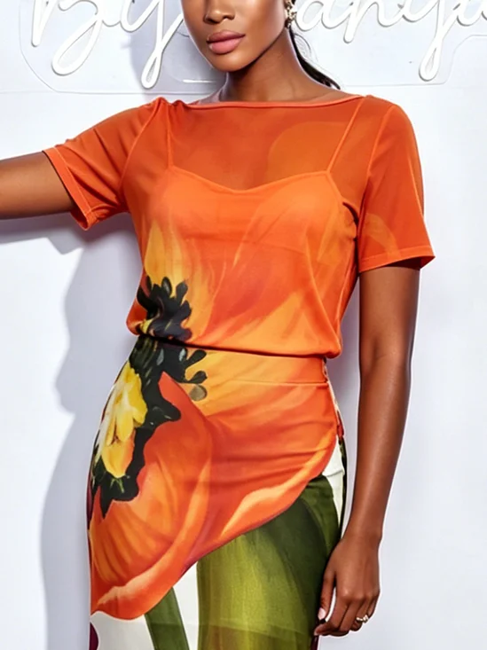 Elegant Floral Printing Crew Neck T-shirt