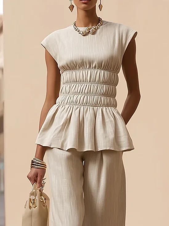 Cotton And Linen Urban Plain Crew Neck Blouse