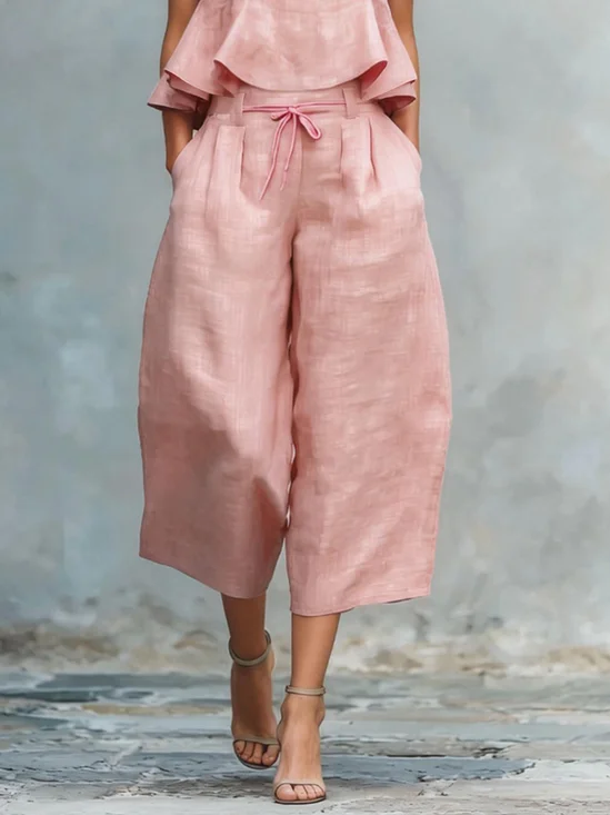 Casual Plain Lace-up Wide Leg Pants
