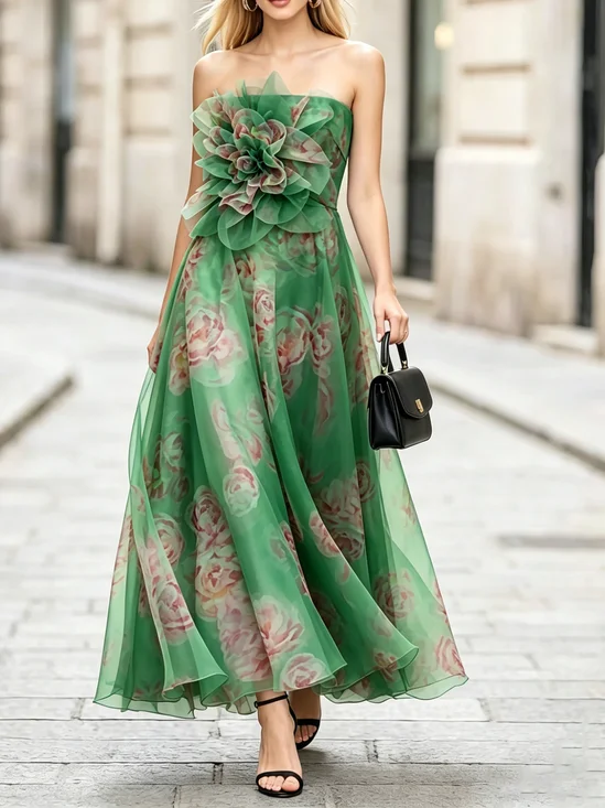Elegant Floral 3D Floral Cold Shoulder Maxi Dress