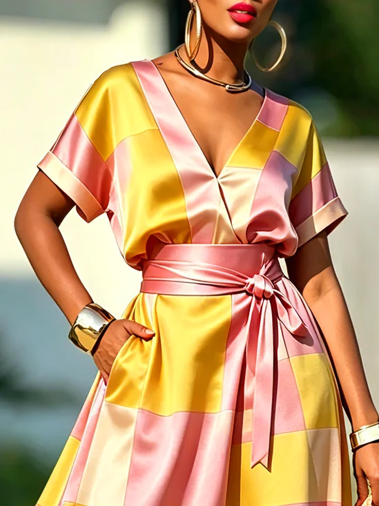 Satin Urban Plaid Printing V Neck Blouse