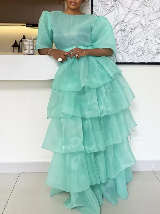 Elegant Plain Folds Crew Neck Maxi Dress