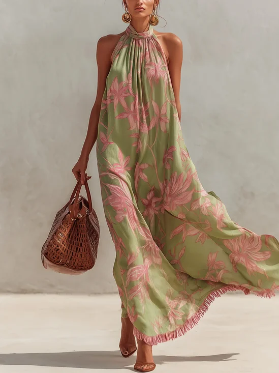 Elegant Floral Printing Halter Neck Maxi Dress