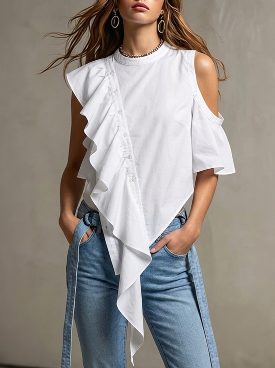 Cotton Urban Plain Crew Neck Off Shoulder Sleeve Blouse