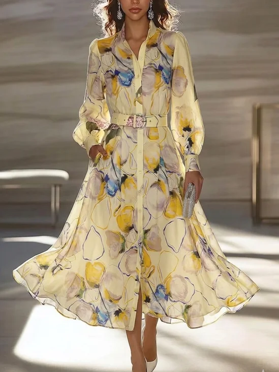 Vacation Floral Printing Shirt Collar Maxi Dress With Belt