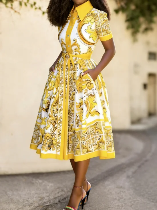 Plus Size Regular Fit Shirt Collar Urban Dress With Belt