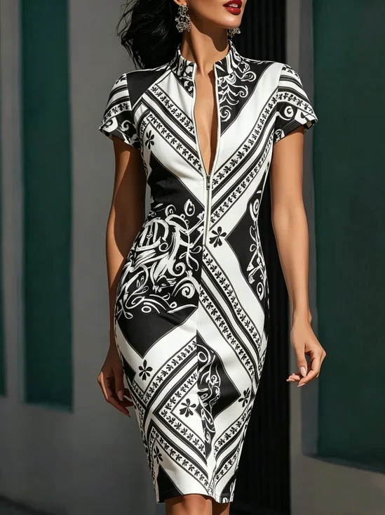 Urban Random Print Printing Stand Collar Knee Length Dress