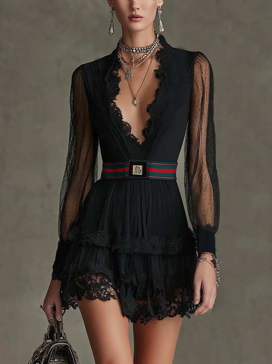 Urban Plain Lace Edge V Neck Mini Dress With Belt