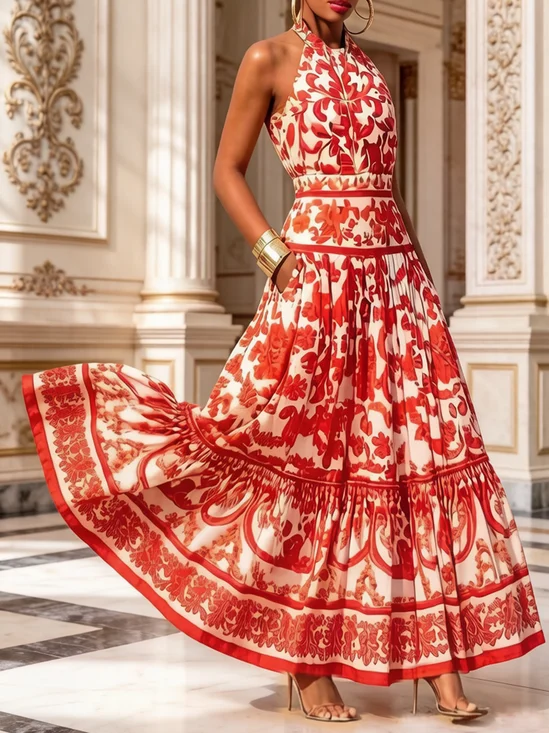 Elegant Ethnic Printing Halter Neck Maxi Dress