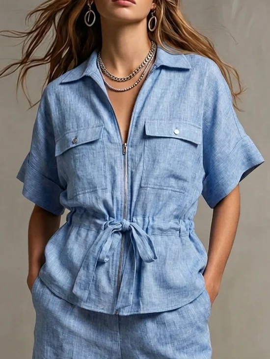 Cotton And Linen Urban Plain Buttoned Shawl Collar Shirt