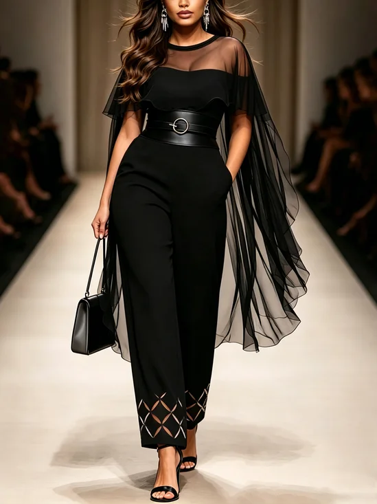 Elegant Devore Plain Crew Neck Jumpsuit No Belt