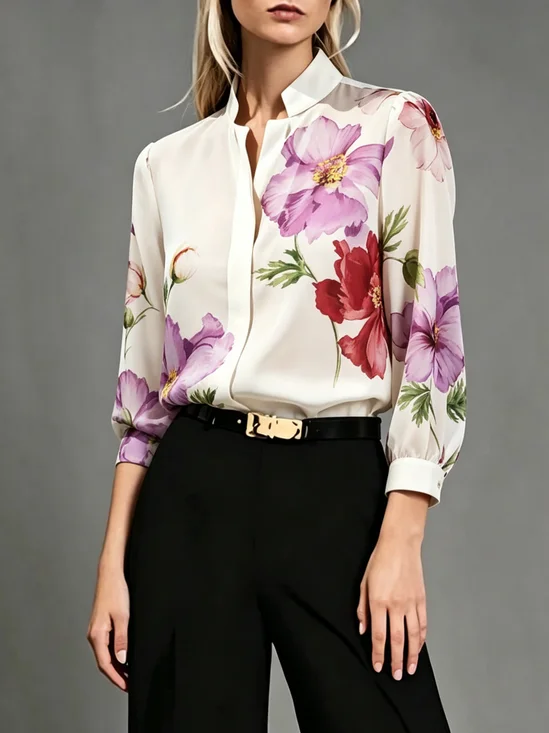 Satin Urban Floral Printing Mock Neck Shirt