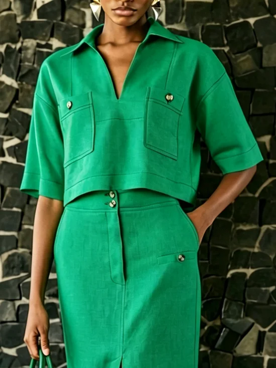 Cotton And Linen Urban Plain Shawl Collar Blouse