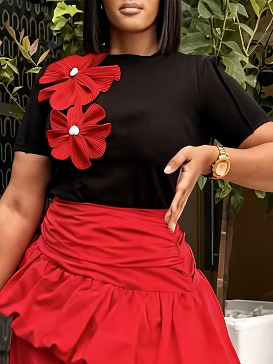 Casual Plain 3D Floral Crew Neck T-shirt