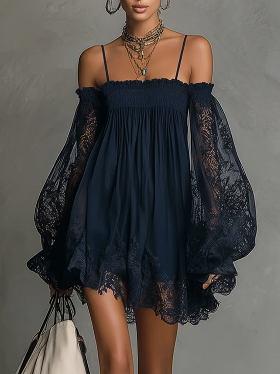 Elegant Plain Lace Spaghetti Mini Dress