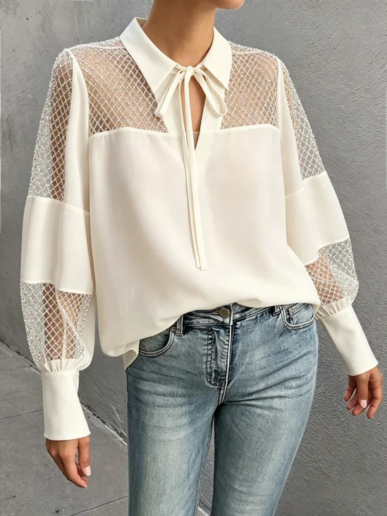 Satin Urban Plain Hot Drilling Shirt Collar Blouse