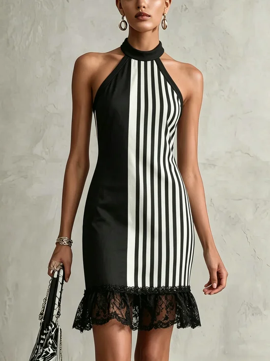 Casual Geometric Printing Halter Neck Mini Dress